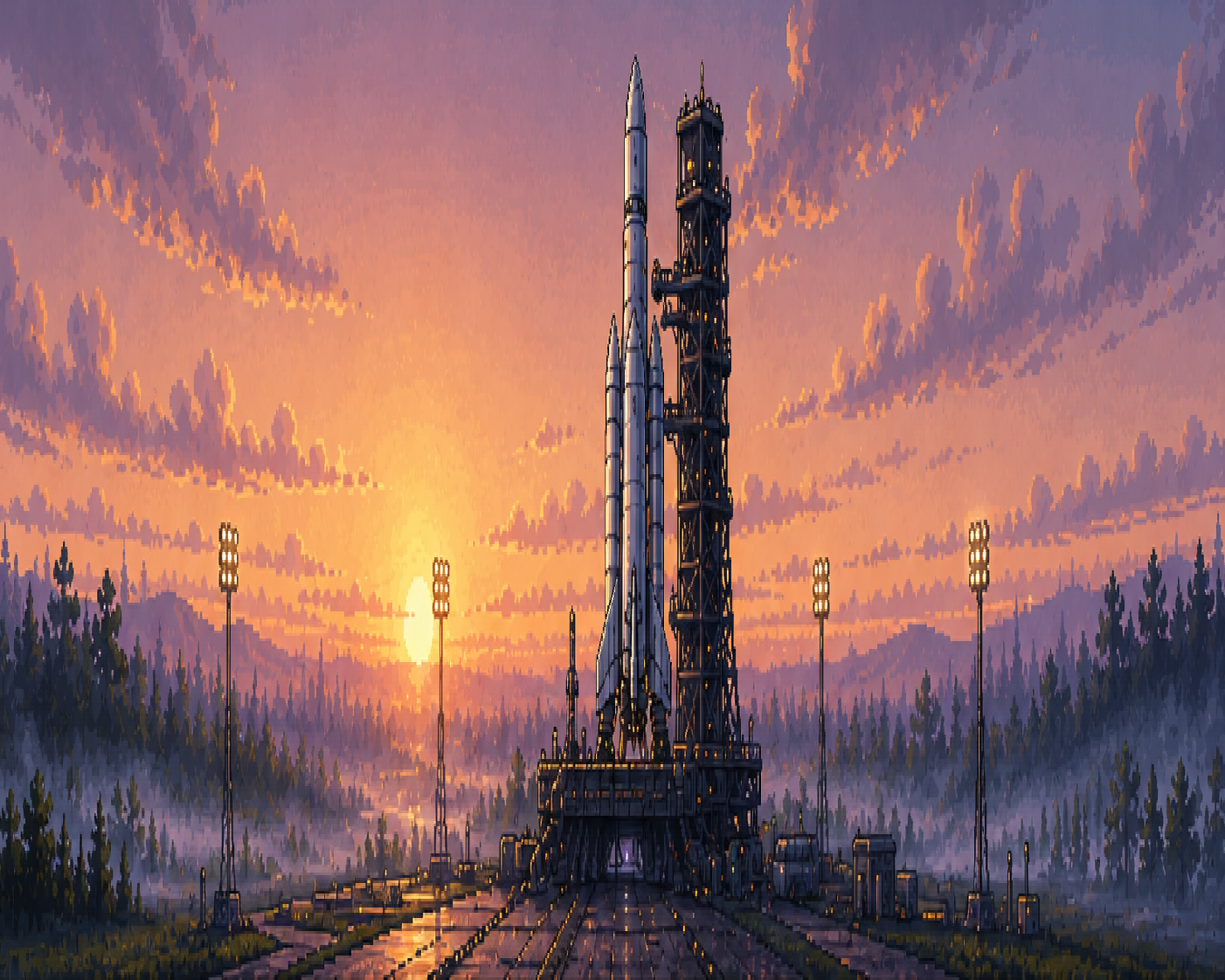 A rocket waiting on its launch pad at sunset